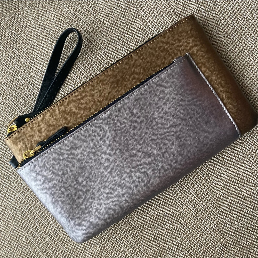 Neiman Marcus Leather Wristlet Metallic Zippered Pouch. 9 in.X5 1/2in. W/Strap.